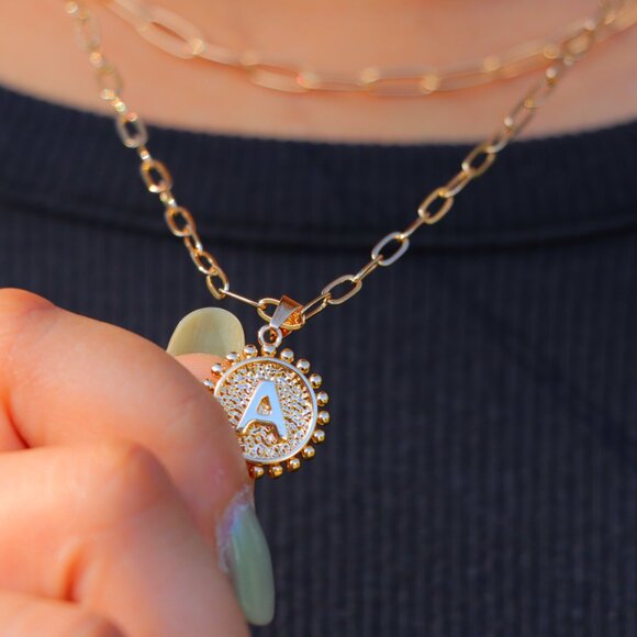 2 LAYER GOLD LETTER INITIAL COIN ROUND/CIRCLE PENDANT DAINTY NECKLACE, ELDM22154 - Picture 10 of 16